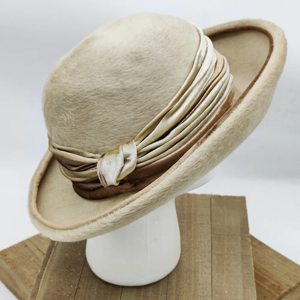Vintage Derby Hat By Suzi of CA • Tan w/ Brown & Cream Band
